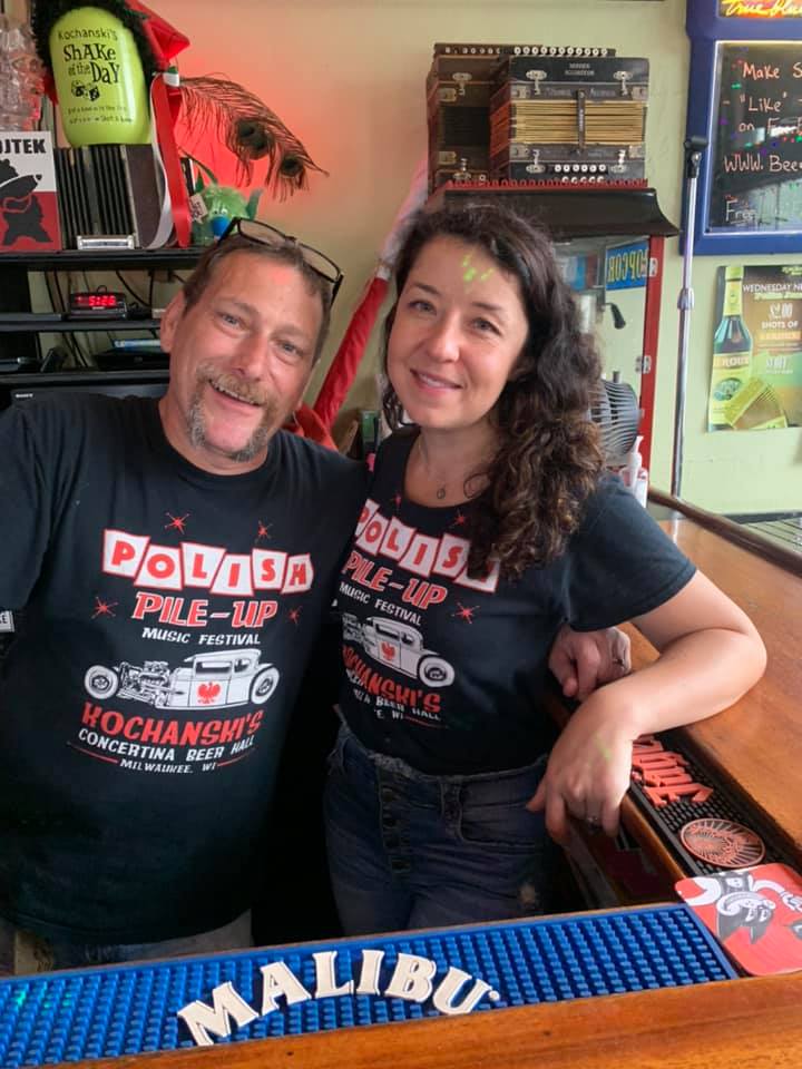 Angie and Andy welcoming guests to Kochanski's Concertina Beer Hall